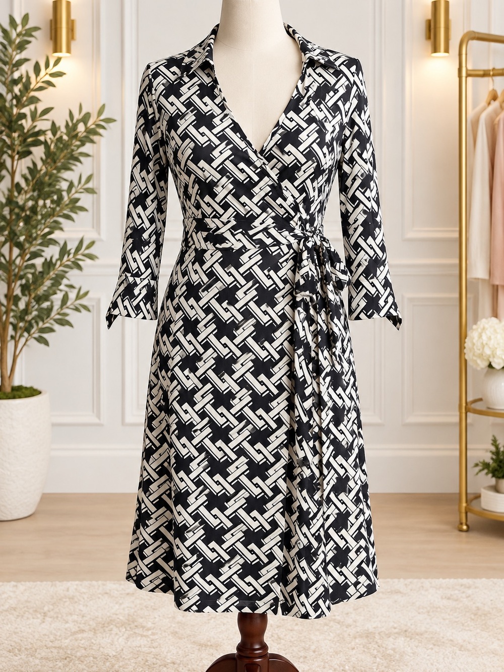 Julie Brown NYC Large Black White Geometric Wrap Dress 3/4 Sleeve Belted